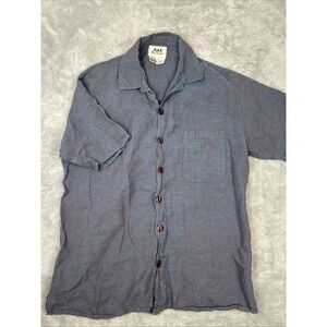 FLAX Mens Medium Shirt 100% Linen Short Sleeve Button Up Blue Red Camp Shirt